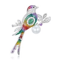 MINET Stříbrná brož barevný ptáček s přírodní perlou