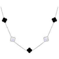MINET Stříbrný náhrdelník čtyřlístky s bílou perletí a onyxem Ag 925/1000 12,80g