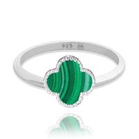 MINET Stříbrný prsten čtyřlístek se zeleným malachitem vel. 54